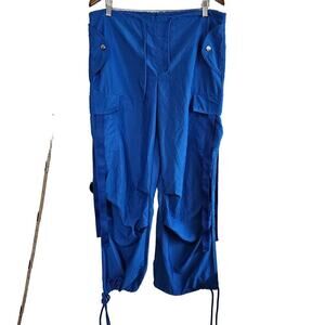 Parachute Pants Womens Size Large Blue Wide Leg Cargo Stretch Drawstring Workout